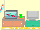 逃出青蛙鱼缸房间-柜子上摆放着一只青蛙和一个鱼缸，有两条红..