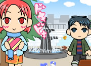 喷泉边的约会-可爱的找茬游戏，小姑娘和男孩在喷泉边约会..