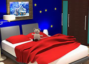 逃出冬日小熊房间-房间里是冬天的景色，红色的床单上有一只可..